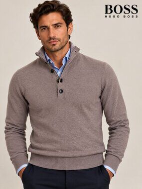BOSS Hugo Boss Brown 100% Virgin Wool Quarter Zip Button Sweater Size L NWT